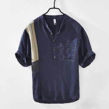 100% Ľan nový dizajn, krátky rukáv stojan golier patchwork trendy tričko mužov bežné priedušná košele pre mužov košieľka camisa topy