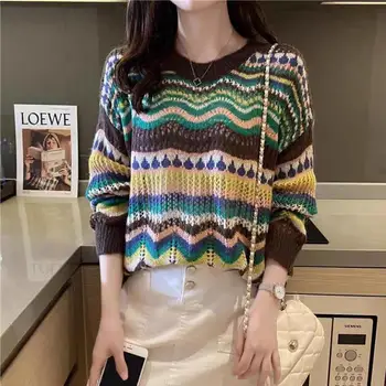 2021 Vintage vydlabaných farebné blokovanie sveter žien tenké voľné pruhovaný sveter s top príliv dámske svetre