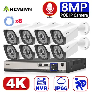 8CH 4K POE NVR Auta 8.0 MP Bezpečnostný Systém Súpravy Vonkajšie 8MP Nepremokavé IP66 IP Kamera CCTV Audio kamerový Set