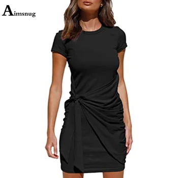 Aimsnug 2021 Letné Dámske Elegantné Voľného času Bežné Krátke Šaty Čierna Khaki Nepravidelný motýlik Šaty Plus veľkosti Ženy Mini Šaty