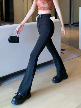 Black Horela Nohavice pre Ženy, kórejský Štýl Vysoký Pás Nohavice Bežné Streetwear Dlhé Nohavice