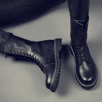Britský štýl muži fashion party nočný klub šaty vysoké topánky originálne kožené topánky platformu krajky-up dlho bottes kovboj botas muž
