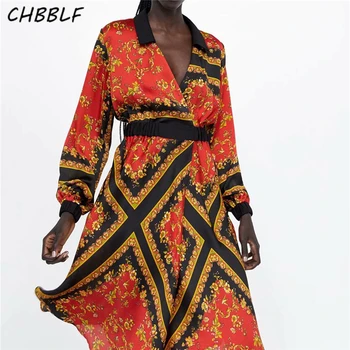 CHBBLF ženy príležitostné voľné červené šaty s dlhým rukávom žena bežné nosenie, elegantný tlač šaty vestidos XDL1672
