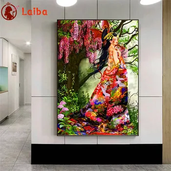 Diamond Výšivky Japonský geisha oriental beauty, kvet, strom Diamond Maľby Plné Námestie vŕtať Mozaiky Cross Stitch Wall Art
