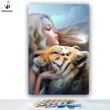 DIY farbív obrázky podľa čísla s farbami Tiger a krásu ilustračný obrázok kreslenie, maľovanie podľa čísel Domov rámovanie