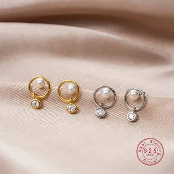 Francúzsky Jednoduchý Ľahký Luxusné Okrúhly Zirkón Pearl Stud Náušnice Ženy 925 Sterling Silver Elegantné Osobnosti Wild Šperky