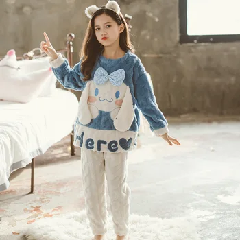 Kawaii Sanrio Cinnamoroll Mäkké Plyšové Deti Pyžamá Dieťa Zimné Cartoon Sleepwear Domáce Oblečenie Pribrala Teplé Nightgown Oblek