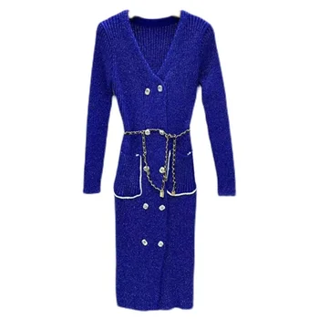 Kvalitné Pletené Šaty 2022 Jeseň Zima Knitwear Ženy Tvaru Lurex Priadze, Pletacie Pás Deco Dlhý Rukáv Sveter Šaty Modré