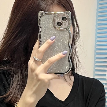 Kórejský Lesk Pokovovanie 3D Mačka Ucho Vlna okraja Telefónu puzdro Pre iPhone 13 12 11 Pro XS Max X XR 7 8 Plus Roztomilý Svieti Mäkké Zadný Kryt