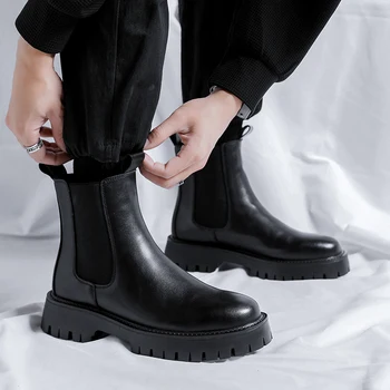 Kórejský štýl, módne mens chelsea boots veľký veľkosť čierne biele topánky kovboj originálne kožené platformu boot pekný komín botas