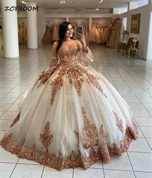 Luxusné Quinceanera Šaty Odnímateľné Rukávy Zlato Appliques Milú Formálne Narodeninovej Party Princezná Šaty Vestidos De 15 Años