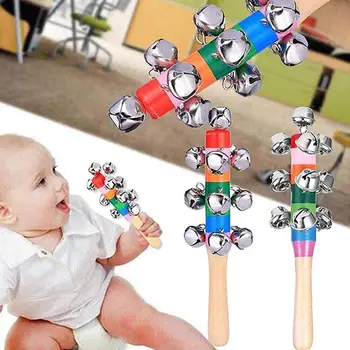 Multicolor Drevené Jingle Bells Stick Shaker Hrkálka Hudobný Nástroj Pre Deti Hračka