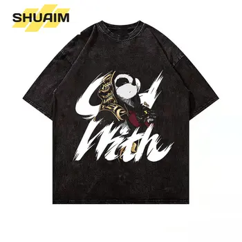 Muži Hip Hop Streetwear Umyté T-Shirt Harajuku Panda Print T Shirt 2022 Letné Krátke Rukáv Tričko Bavlna Voľné Topy Tees Čierna