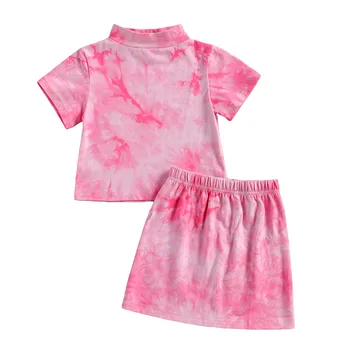 Móda Deti, Dievčatá Oblečenie 2 kus Oblečenia Krátky Rukáv Turtleneck tie-dye T-shirt+Sukňa detské Letné Ležérne Oblečenie
