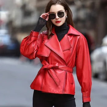 Módny Pás Originálne Kožené Bundy Ženy Oblečenie Reálne Ovčej Kožené Kabáty Kórejský Červená Krátky Kožený Kabát Chaqueta Mujer Zm
