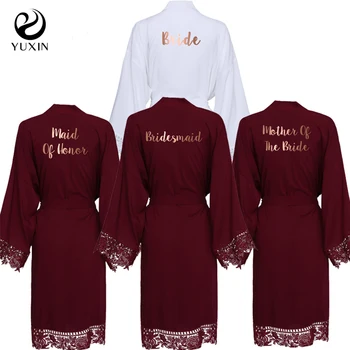 Nové Burgundsko Pevné Hodváb, Bavlna Kimono Šaty s Čipkou Ženy, Svadobné Svadobné Šaty, Župan Sleepwear Biela