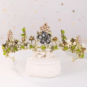 Nové Green Crystal Korún Román Hrozna Doska Tiaras Svadobné Vlasy Acccessories Kráľovná Smrť Headpiece Pearl Ženy Šperky