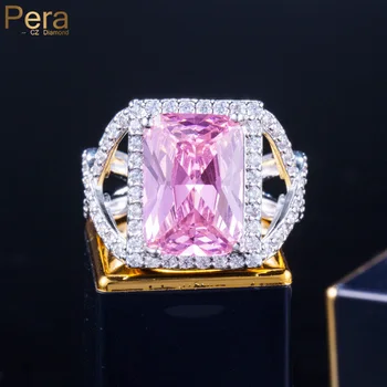 Pera Vynikajúce Sladké Ružové CZ Crystal Silver Farba Veľký Štvorcový Tvar Zapojenie Strana Prst Prstene pre Ženy Šperky Darček R051