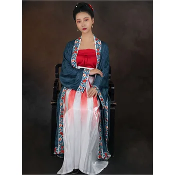 ShangGongYu Modrý Sveter Šaty pre Ženy Čínskej Tradičnej Skladby Dynastie Kimono Kvet Vyšívané Hanfu Dávnych Dlhý Župan