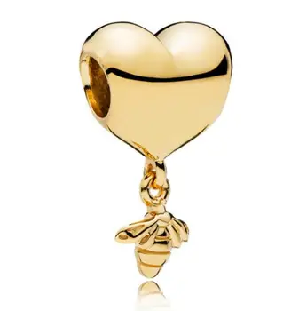 Skutočné 925 Sterling Silver Kúzlo Gold Color Shine Láska Srdce Visí Bee Korálky Fit pandora Náramok & Náhrdelník Diy Šperky