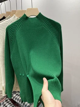 Split sveter pre ženy jeseň zima 2023 nové voľné nepravidelné čierne semi-vysoká krku pletený baseshirt