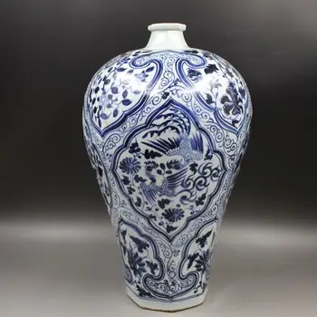 Starožitný YuanDynasty porcelánová váza,Blue & whitePhoenix Lotus fľaše ,Domáce Dekorácie zber a ozdoby,doprava Zdarma