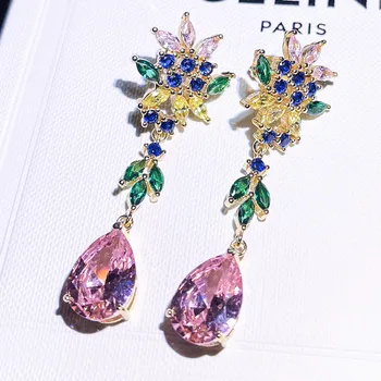 Trojrozmerný dizajn vykladané ružový kryštál drop-tvarované dlhé multi-farebné náušnice dámske luxusné šumivé šperky