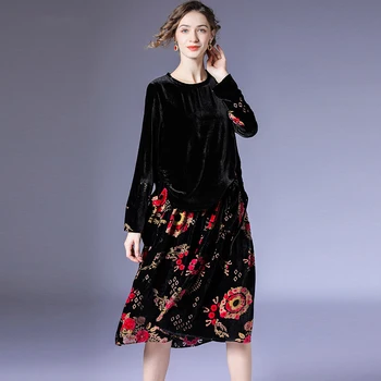 Velvet šitie vytlačené šnúrkou šaty žien jeseň 2021 nové módne voľné a tenké mid-dĺžka sukne