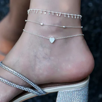 Vintage Jednoduchý Nové Korálkové Pláži Foot Fashion Ponožky Pre Ženy Boho Strieborná Farba Kovových Guľôčok Reťazca Srdce Prívesok Anklet Šperky