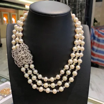vintage prírodné sladkovodné perly a krištáľovo náhrdelník 3 vrstvy 925 sterling silver s kubický zirkón zámok, svadobný náhrdelník 40 CM