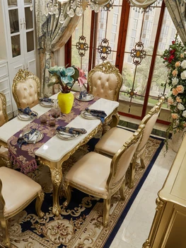 Vysoko kvalitné šampanské mramoru jedálenský stôl a stoličky Európsky štýl luxusné dlhé jedálenský stôl villa masívneho dreva rezbárstvo tabuľka