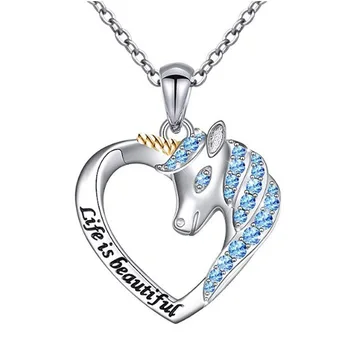 Vysoká kvalita Jednorožec Prívesok Náhrdelníky Pre Ženy, Blue Crystal Zirkón Láska Srdce Náhrdelník Šperky darček