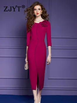 ZJYT Jar Elegantné Dizajnér 3D Kvetinovým Midi Party Šaty pre Ženy Večer Luxusné Tlačidlá Slim Split Vestidos Koktejlové Šaty
