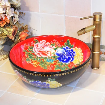 Čína pivónia Ručné Maľovanie Keramické Umenie Povodí Drezy Počítadlo Top Umývadlo Kúpeľňa Loď Potopí kúpeľňa kolo umývanie povodí