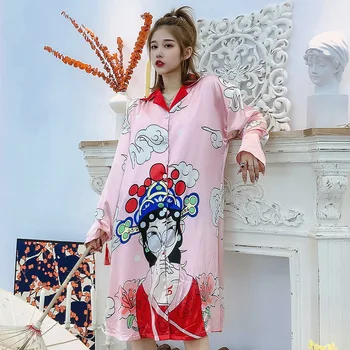 Čínsky Štýl Nightdress Ženy Tlač Kimono Šaty Saténový Župan Nightgown Bežné Spánku Šaty Nightshirt Hodvábnu Bielizeň, Oblečenie Pre Voľný Čas