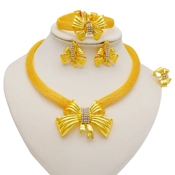 Šperky Set Zlatá Farba Náhrdelník Luk Náramok, Prsteň Náušnice Dubaj Svadobné Svadobné Ozdoby Pre Ženy Afriky Šperky Sady