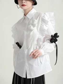 Ženy Biely Kvet Veľký Veľkosť Bežné Blúzka Nové Klope Dlhý Rukáv Voľné Nosenie Tričko Fashion Príliv Jar Jeseň Roku 2022 M005