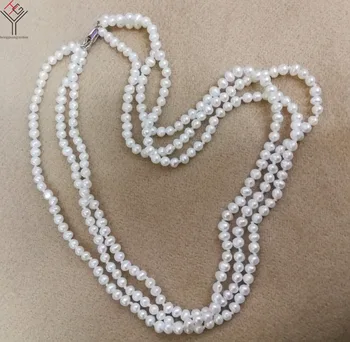 Ženy Šperky 2x4mm white pearl 3 riadky náhrdelník svetlé pearl ručné skutočné prírodné sladkovodné perly darček