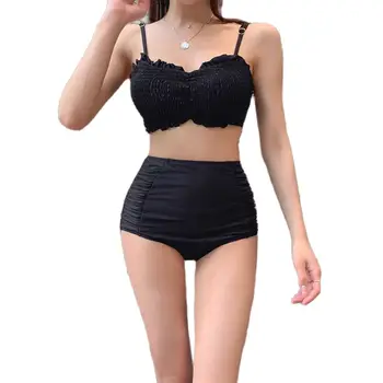 2022 Ženy Vysoký V Strede Zúžený Bikini Set Pevné Sexy Dva Kusy Pláž Nosiť Push Up Femmale Letné Kúpanie Oblek Brucho Skryté Plávať Oblek